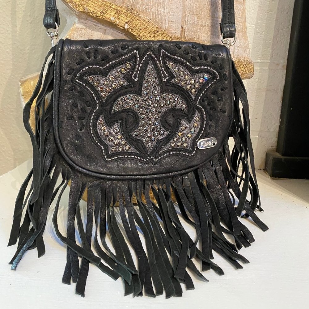 Kippy's Black Leather Fringed Purse with Crystals